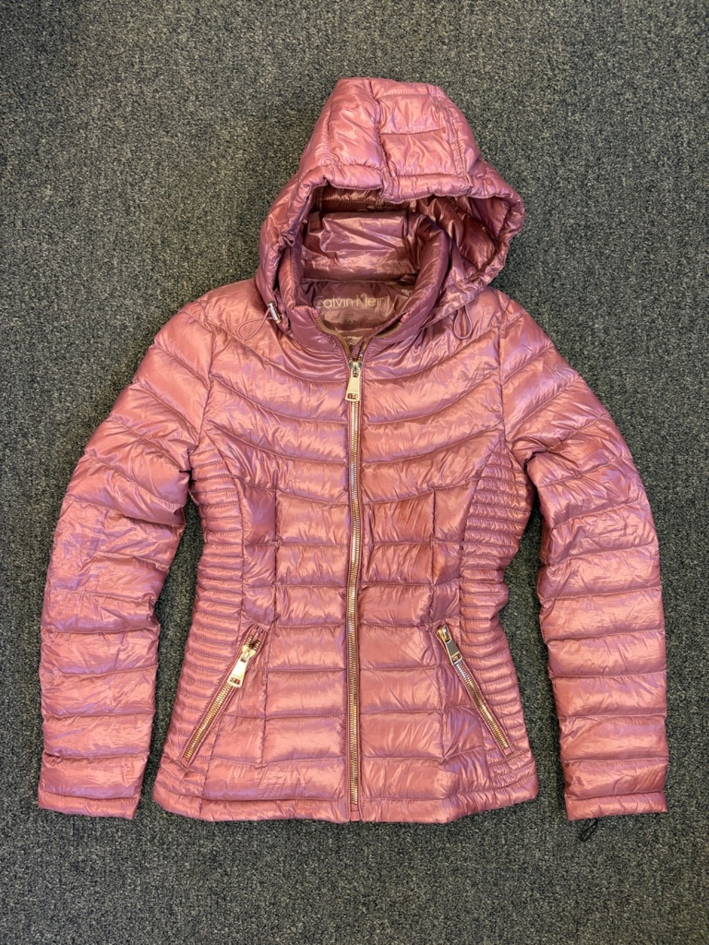 Calvin Klein Shimmery Dusty Rose Hooded Puffer Jacket